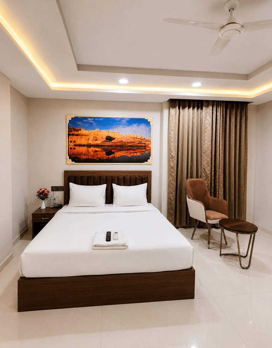 Double bed below a wall painting in the Jal Mahal Deluxe Room at Lime Tree Hotel & Banquet, Jaipur