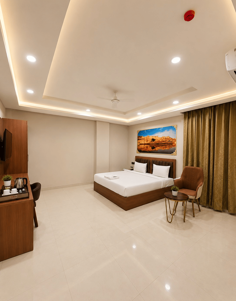 Jal Mahal Deluxe Room with a double bed, a cushioned chair and ample walking space at Lime Tree Hotel & Banquet, Jaipur
