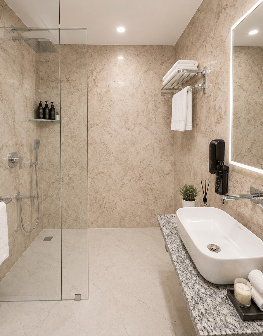 Jal Mahal Deluxe Room bathroom with a shower cubicle and stacked white towels at Lime Tree Hotel & Banquet, Jaipur