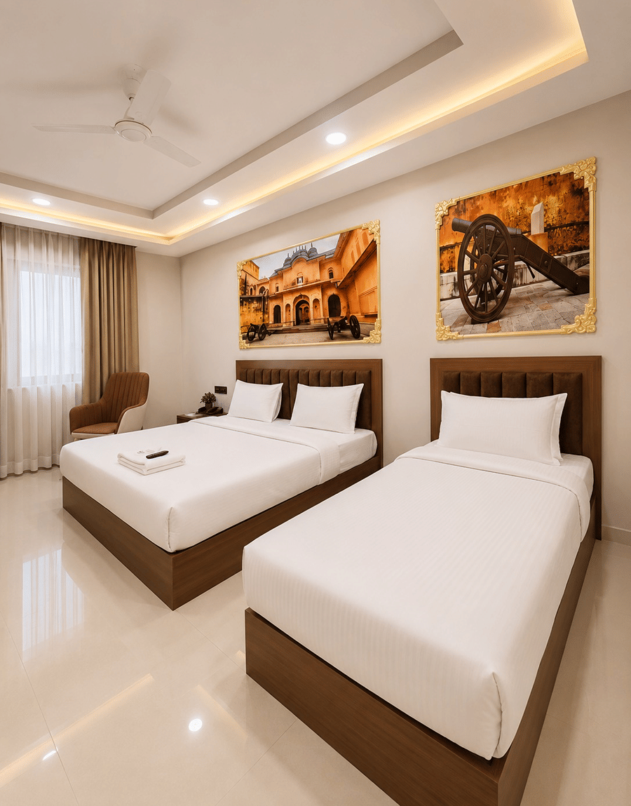 Corner view of the Jal Mahal Family Room double and single beds under a false ceiling at Lime Tree Hotel & Banquet, Jaipur
