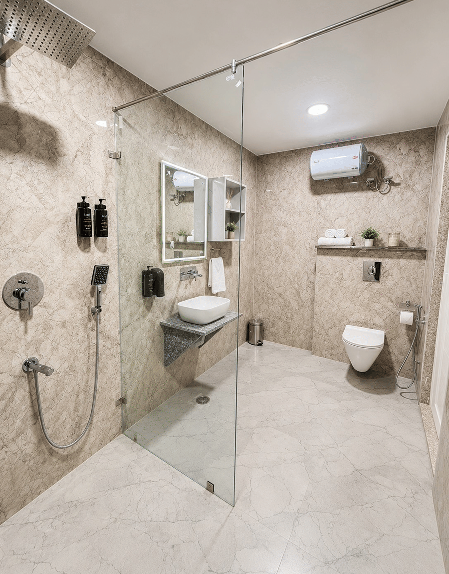Jal Mahal Family Suite bathroom with tiled walls, a glass shower partition and a sink at Lime Tree Hotel & Banquet, Jaipur