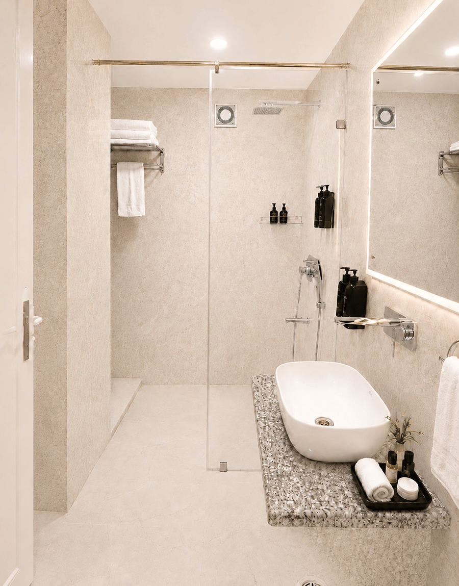 Jal Mahal Family Room bathroom with a wash basin and a glass-partitioned shower at Lime Tree Hotel & Banquet, Jaipur