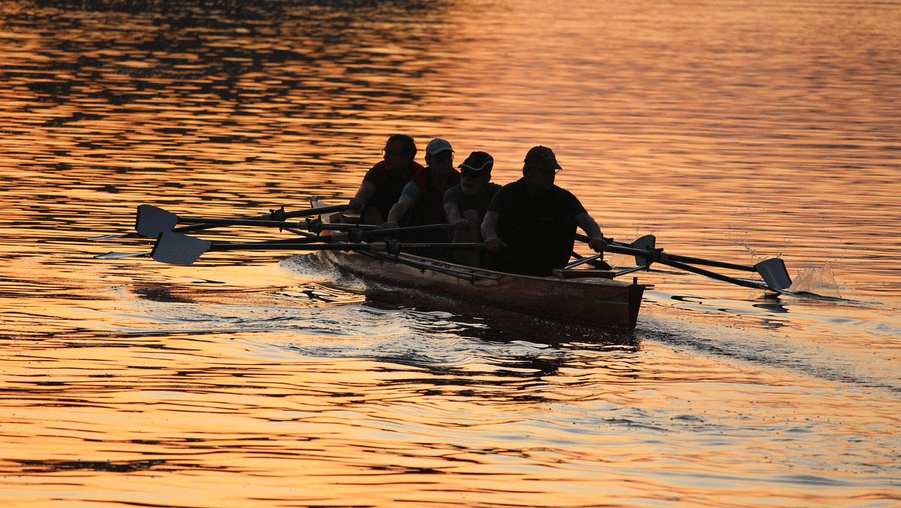 People rowing a boat with oars over a lake reflecting a golden sunset.