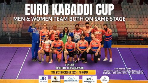 Group photo of men’s and women teams on an indoor kabaddi court with the text Euro Kabaddi Cup – Men & Women Team Both on Same Stage in the background.