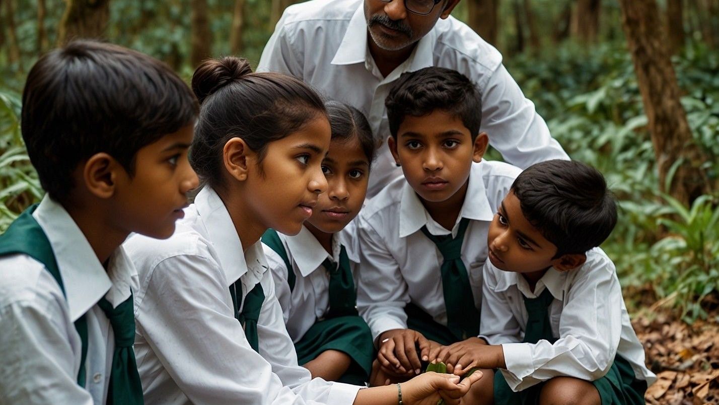 A group of children in uniforms gathered around a forest guide, observing insects through magnifying glasses amidst dense greenery