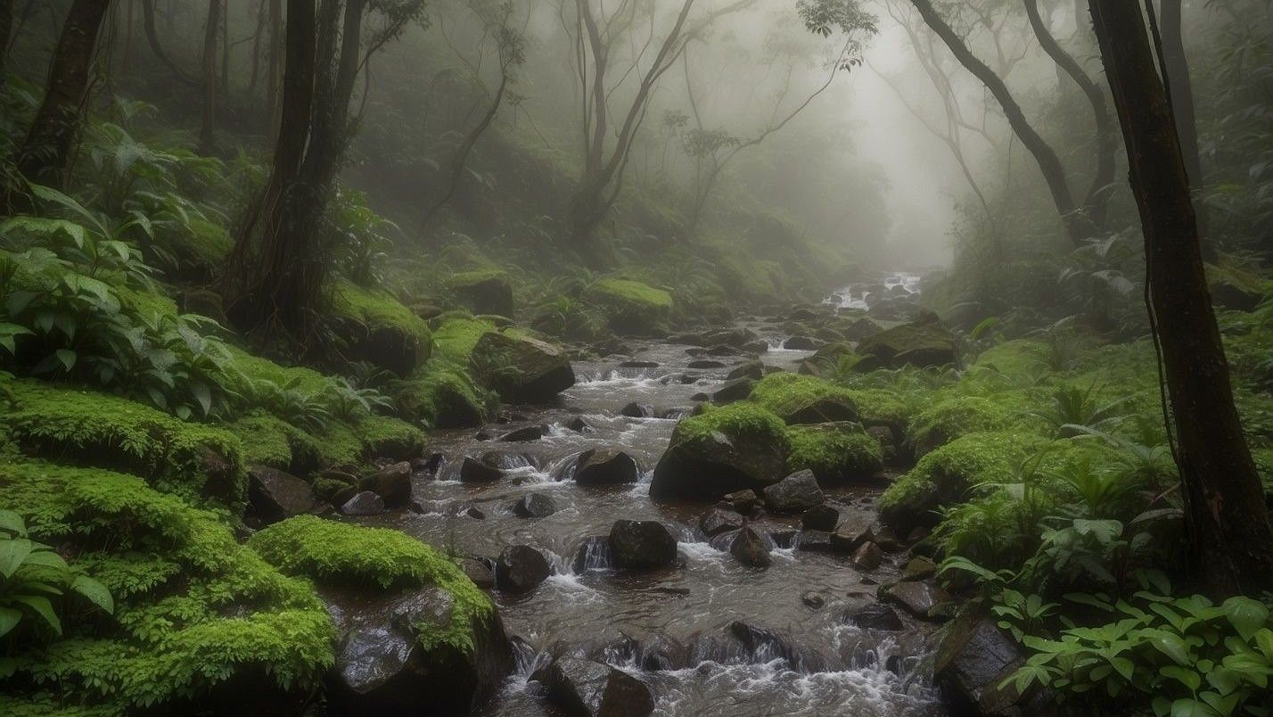 A winding forest trail glistening with raindrops, framed by misty trees and a gentle waterfall in the background