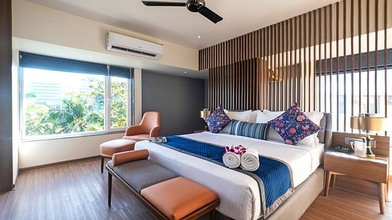Image of studio suite showing bed and sofa