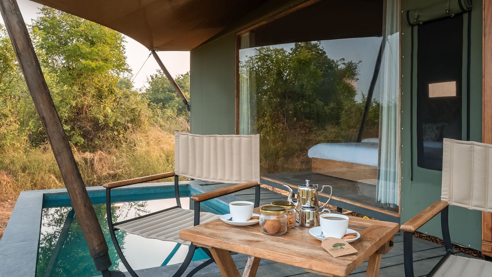 Dining setup in a tent at Trees N Tigers, Tadoba.