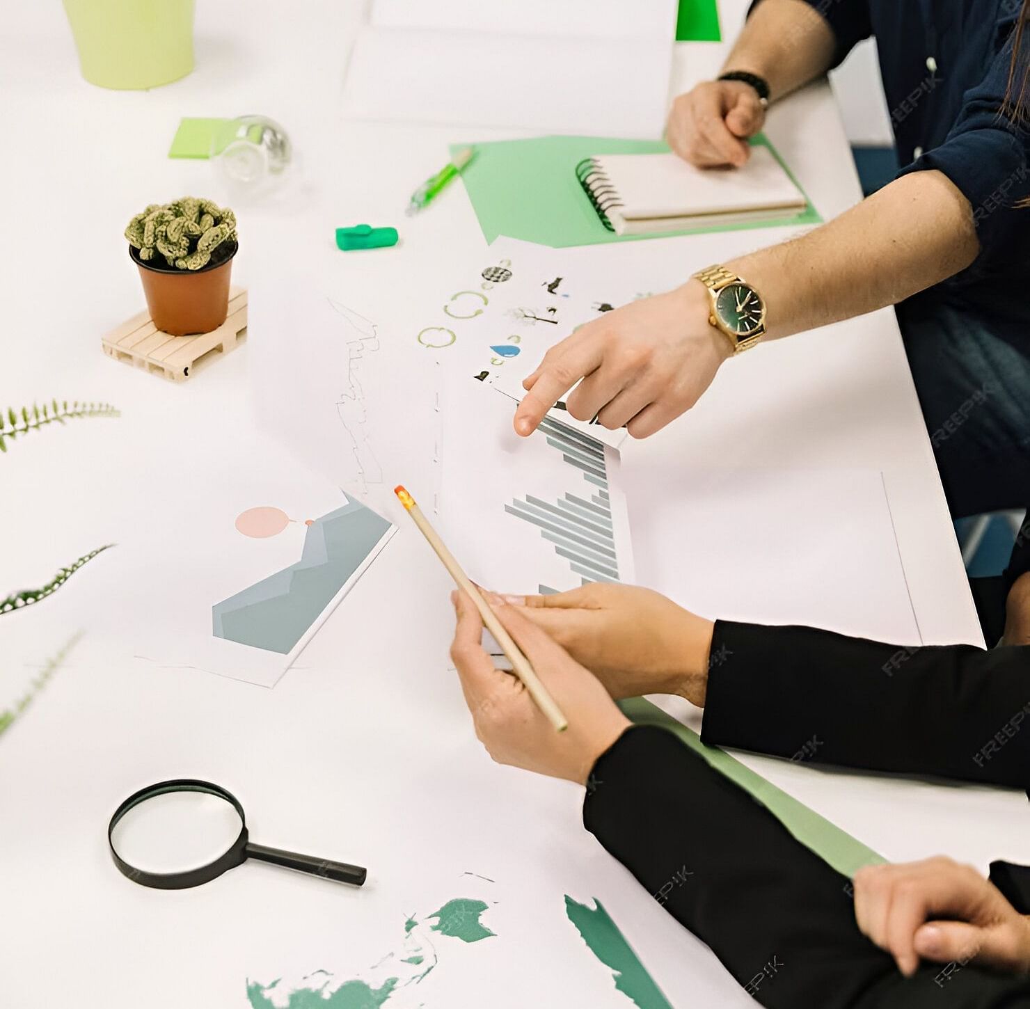 A top-down view of people working on a project on a white table.