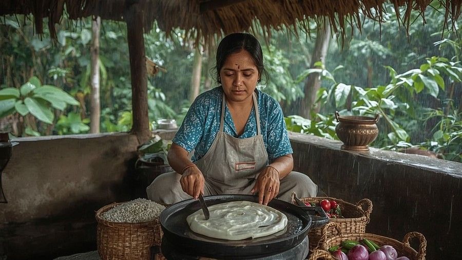 Fresh Maharashtrian monsoon snacks made at forest resort café in rural Maharashtra