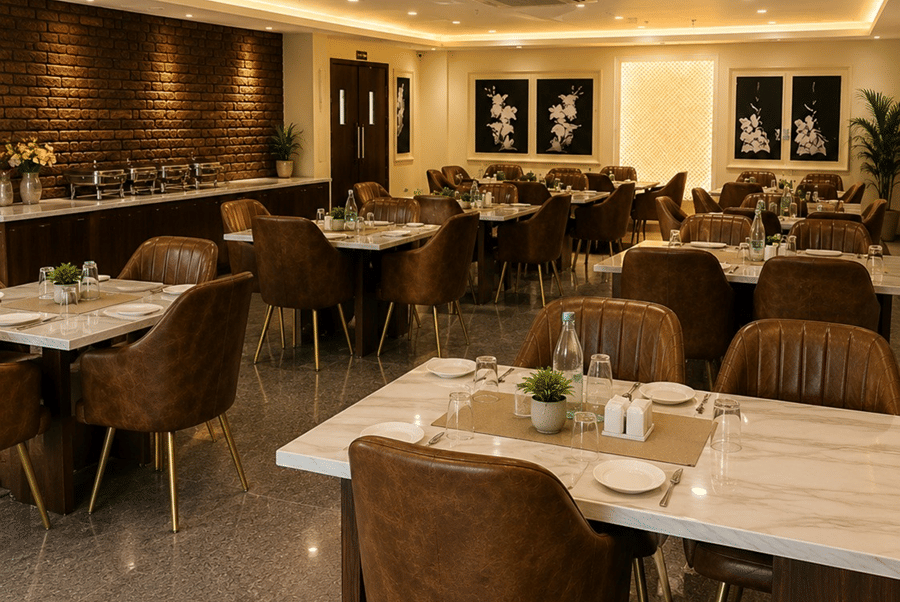 Indoor dining area of Amaya restaurant with set tables and brown chairs at Lime Tree Hotel & Banquet, Jaipur