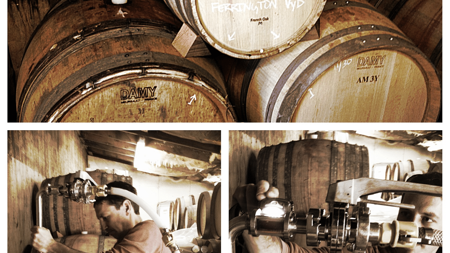 Collage of wooden barrels stacked, and a man working with the barrels in two separate shots.
