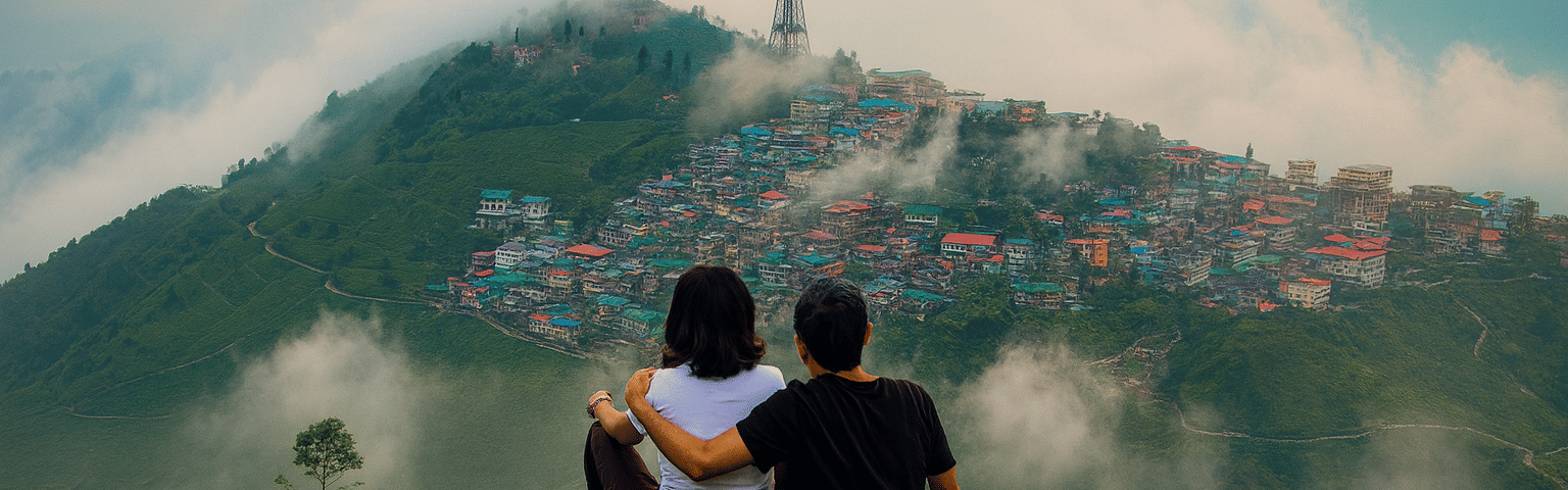 A couple sitting on a hilltop overlooking the misty mountains and colorful cityscape of Kurseong, with clouds floating over the valley, creating a premium and aesthetic morning vibe.