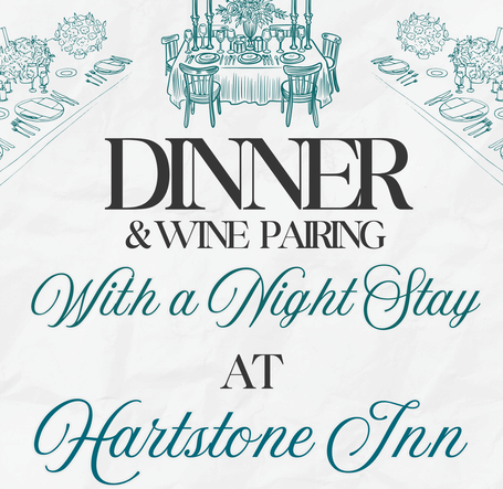 An invitation for a Dinner & Wine Pairing With a Night Stay at Hartstone Inn in Camden, Maine, featuring a stylized drawing of a set dinner table with candles and florals.