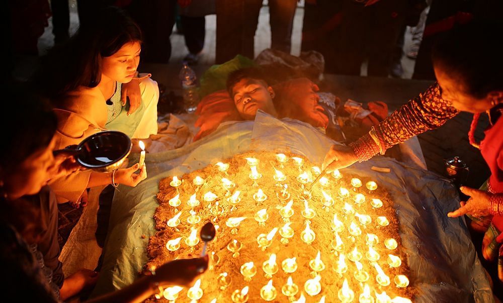 Dashain festival, Bhaktapur where women are lighting candles