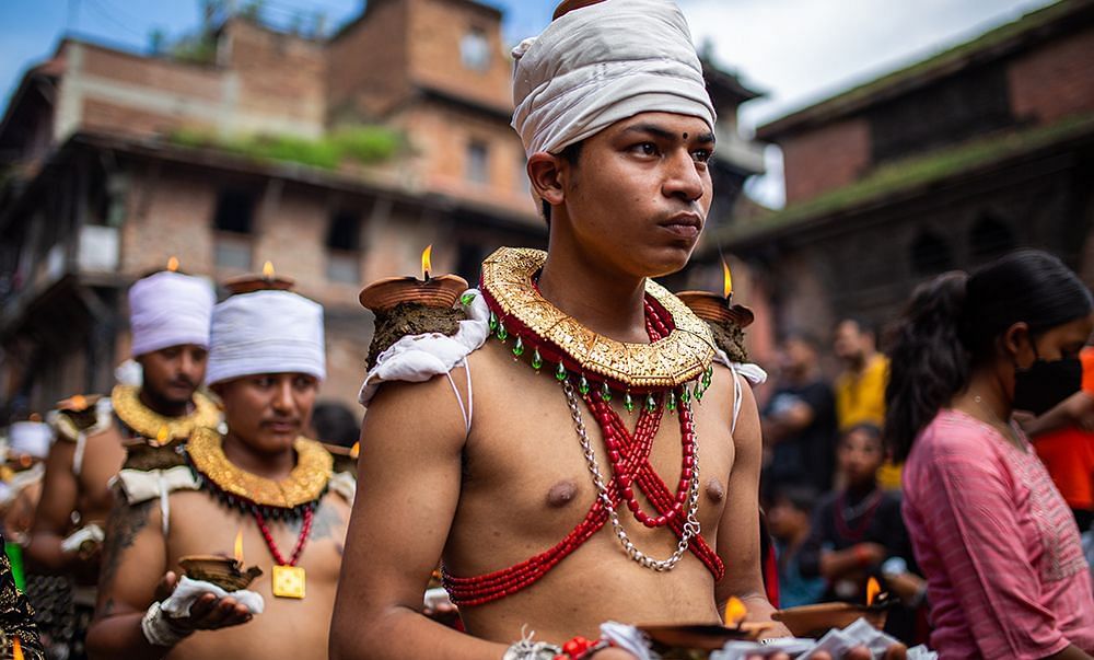 Krishna Janmashtami, Bhaktapur where are men are dressed in a traditional attire