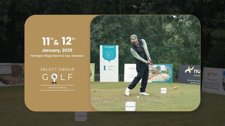 Promotional image for the Select Group Golf Invitational on January 11th and 12th, 2025, at Heritage Village Resort and Spa, Manesar, showing a golfer