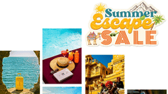 Travel collage with summer escape sale message showing different destinations deals and vacation planning inspiration