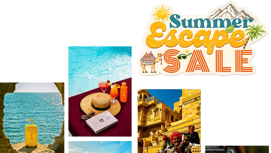 Travel collage with summer escape sale message showing different destinations deals and vacation planning inspiration