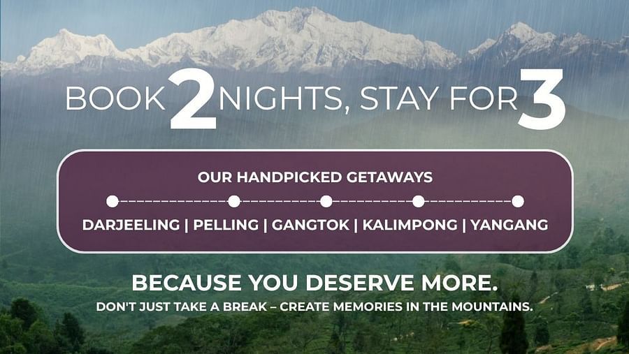 Sumi Yashshree monsoon offer poster showing book 2 nights stay for 3 at Darjeeling Gangtok Pelling Kalimpong and Yangang locations