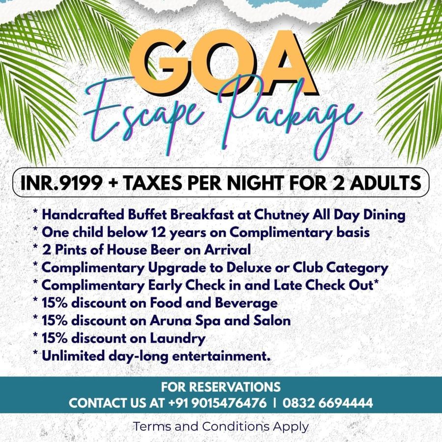 Goa Escape Package at Heritage Village Resorts & Spa – INR 9199 + taxes/night for two, with meals, upgrades, discounts, and entertainment. Contact details included.