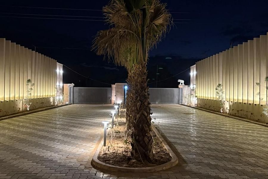 An image of a tree at the lawn of a property which has fixed lights everywhere - Pride Hotels Group