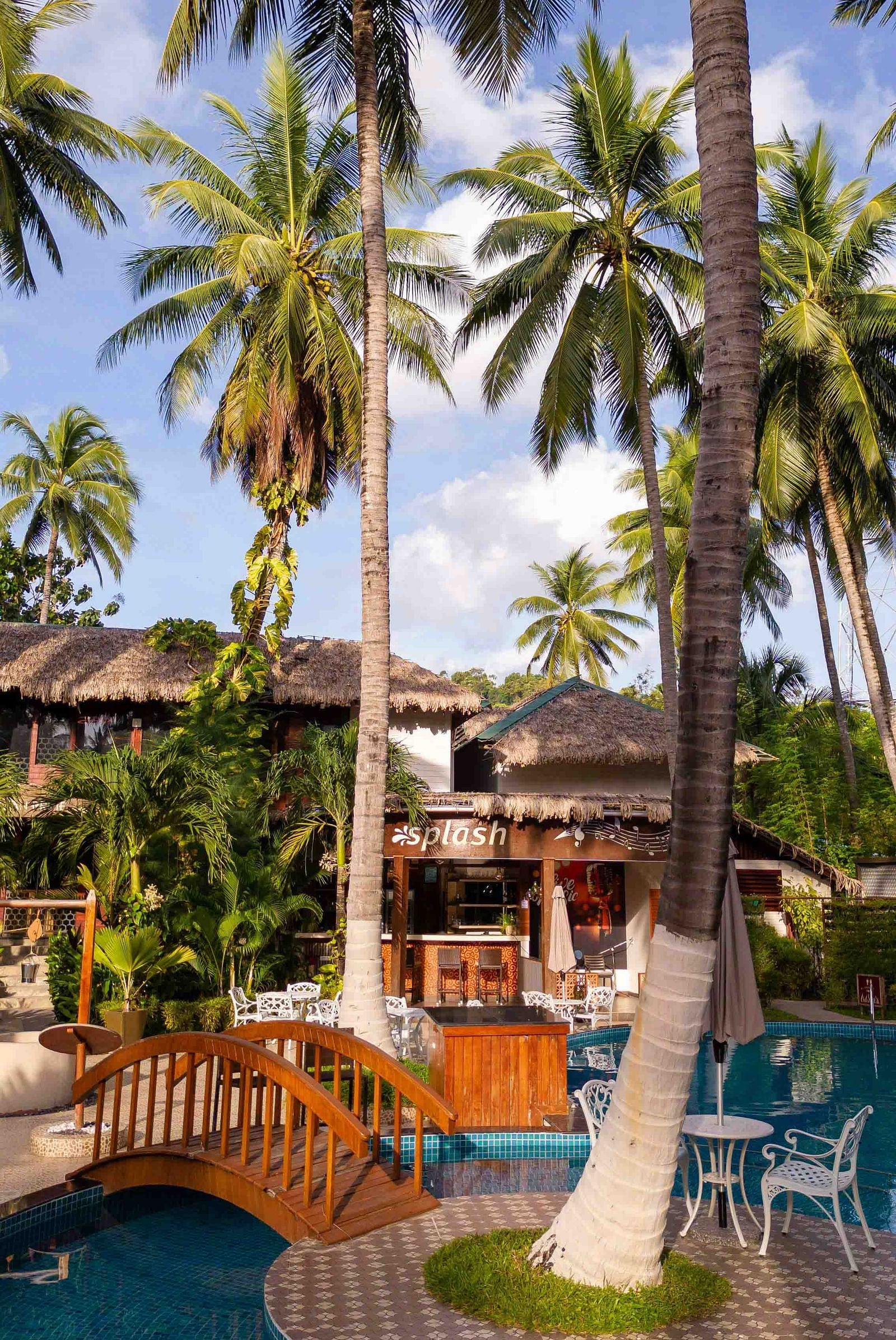 A pool with coconut trees in an island fashion and a bridge in between to connect the land and the island.