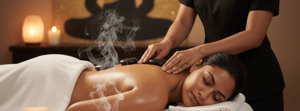 Woman receiving a massage from a therapist with essential oils beside a Buddha statue decor at Bamboo Saa Sunrise Wedding & Wellness Resort, Jaipur.