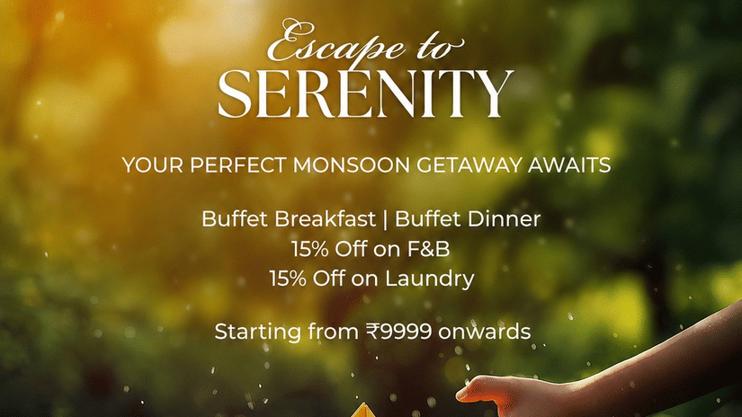 Monsoon package offer banner featuring a relaxing beachside stay with buffet meals, dining discounts, and laundry benefits starting at INR 9,999 onwards.