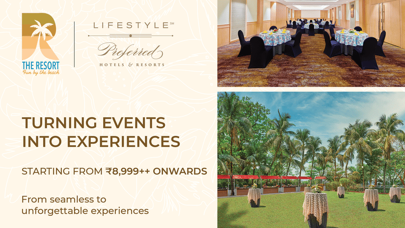 Promotional creative for Meetings & Events Offer at The Resort Mumbai, offering event experiences starting from INR 8,999 and valid till 31st March, 2026.