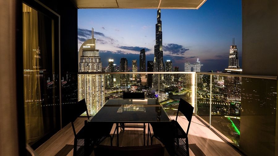 Address Fountain Views Residence Tower - view of Burj Khalifa during nighttime from the sit out area of the balcony