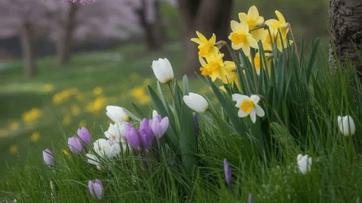 Colourful spring flowers blooming in a garden with soft sunlight and blurred trees in the background.