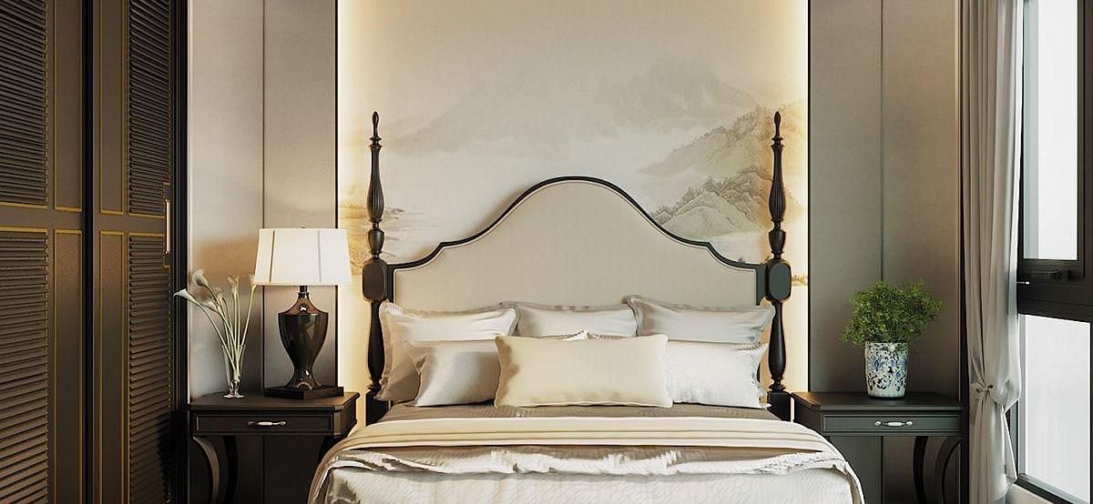 A room featuring a front view of the bed, with bedside tables on either side and windows to the sides at The Evren, Vagator.