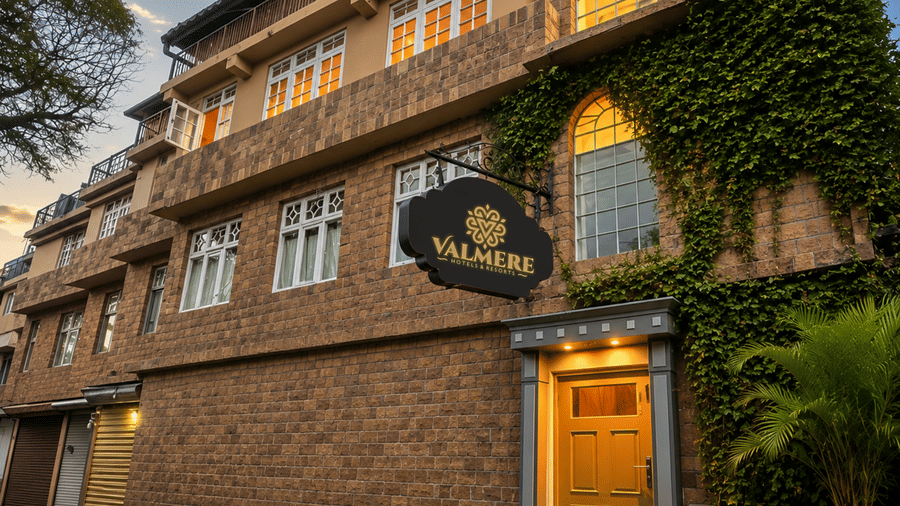 Exterior facade of Valmere Thistle Boutique Hotel, Darjeeling at dusk with a stone facade, ivy-covered wall, hanging signboard, and yellow door.