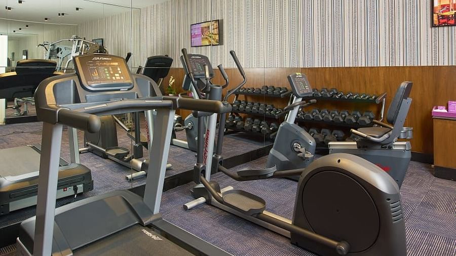 Treadmills positioned in a clean gym, set against a mirrored wall, providing an inviting environment for cardiovascular exercise.