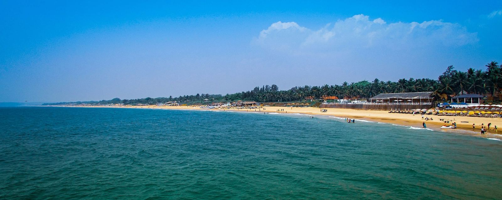 An overview of Candolim Beach with blue skies in the background