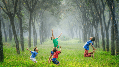 Children playing with ball in a park with trees on either sides