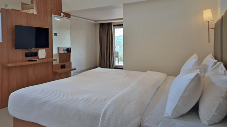 Bedroom with a double bed, padded headboard, television, and wooden furnishings