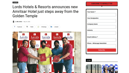 An article by Business Review Live showcasing lords sigining 54 properties just few steps away from the Golden Temple.