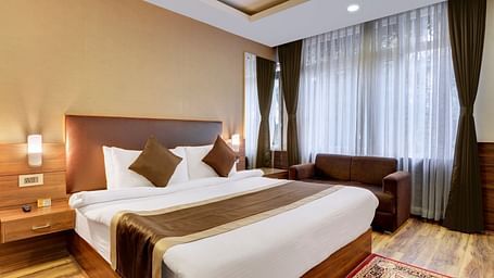 An image of a room featuring a bed, bed side tables, lapms, a rug, and a sofa - Yashshree Hotels