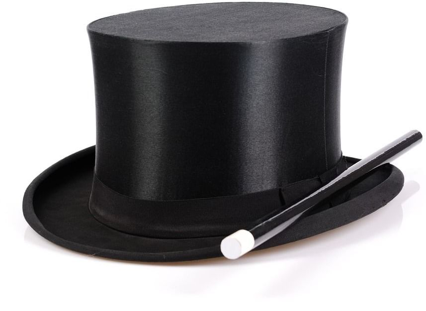 Black hat with a black wand placed next to it on a white backdrop.