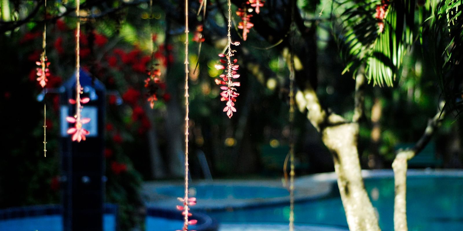An image of a lot of hanging decorations with the swimming pool in the background at Hoysala Village Resort, Hassan