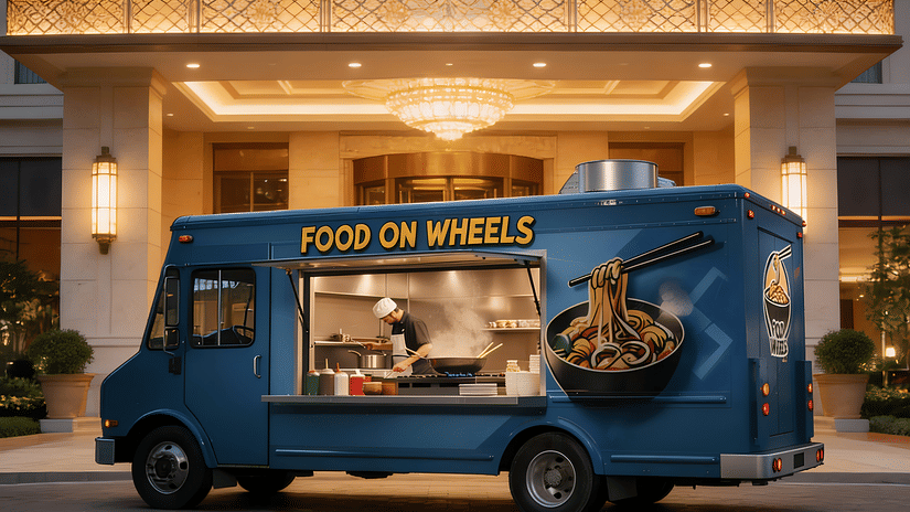 Food truck labeled FOOD ON WHEELS parked in front of a building.
