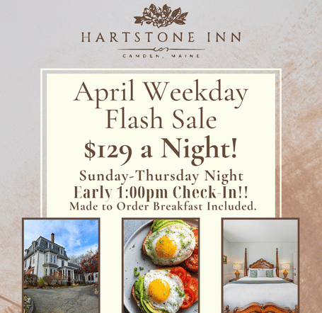 April Weekday Flash Sale promotional banner offering rooms at $129 a night from Sunday to Thursday with early dinner included at Harlstone Inn