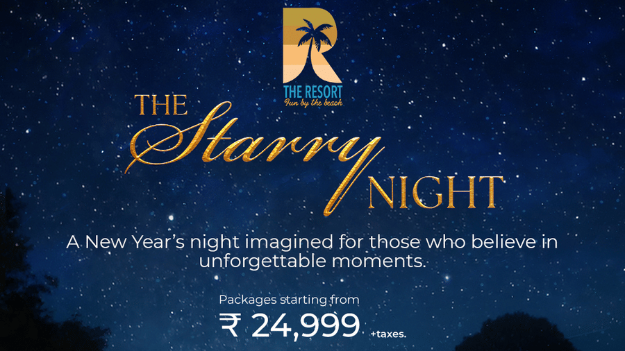 New Year celebration poster for The Resort featuring “The Starry Night,” an elegant outdoor gala dinner under the stars with candlelit tables, live music, gourmet dining, high tea, games, and entertainment.