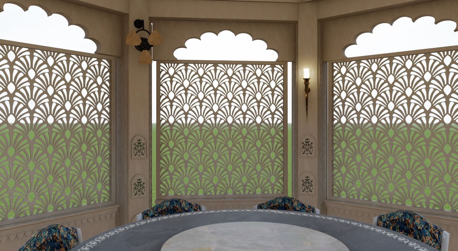 a close up of the dining setup in one of the gazebos of Panch Mahal, featuring a circular dining table with chairs and ornamental lattice screens and oil-lit chandeliers as the backdrop - Kaldan Samudhra Palace
