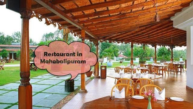 An open-air restaurant with a tiled roof, chairs, tables with napkins and plates and the text 'Restaurants in Mahabalipuram' in the image.