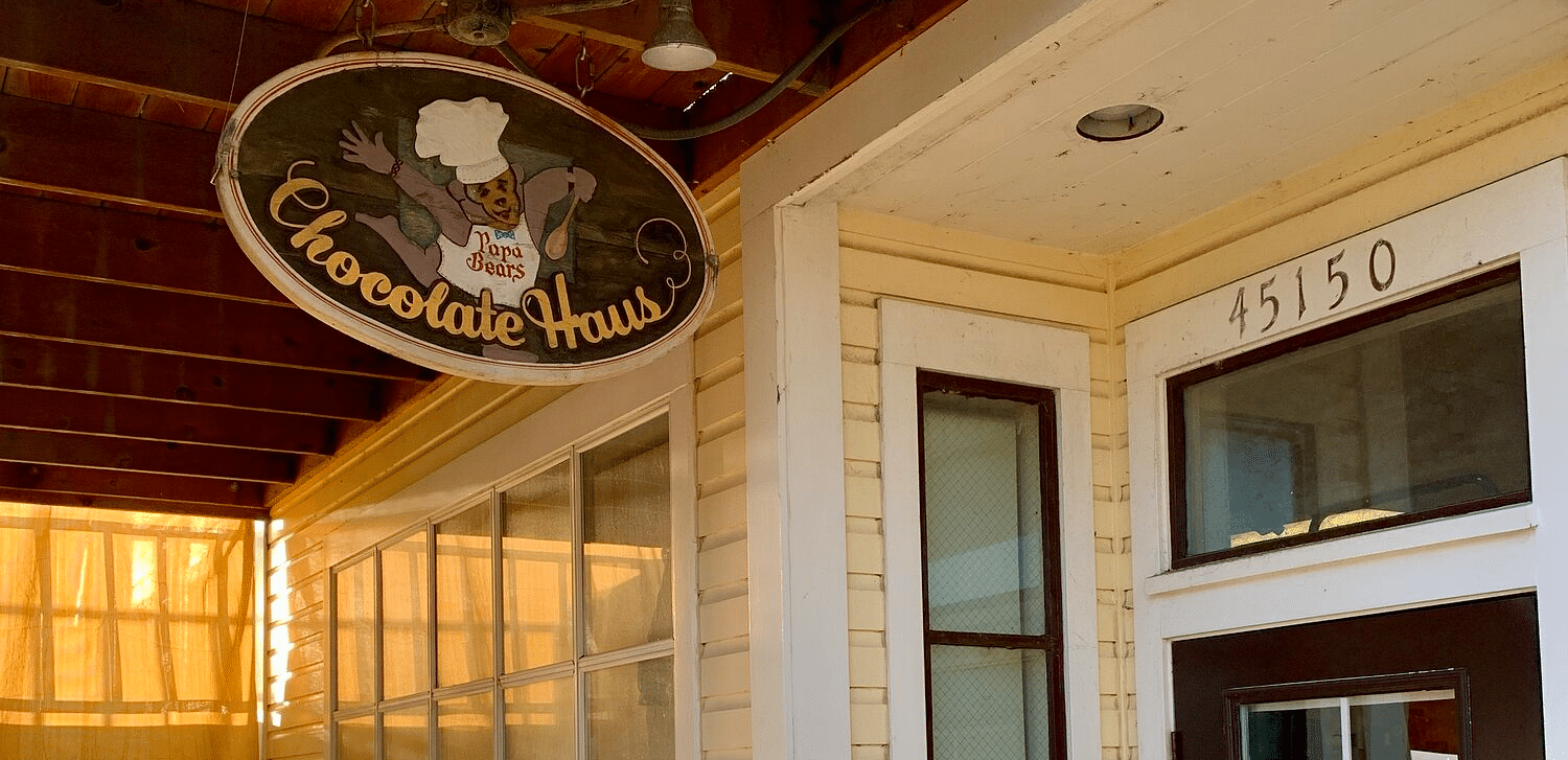 An image of an wooden structured house which also has a nameplate as Chocolate Haus
