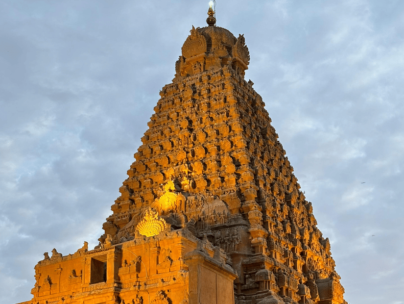 A view of the main temple tower, or vimana, of the Brihadeeswarar Temple, also known as, Big Temple, Thanjavur, India. A must-visit on your trip from Chennai to Thanjavur.