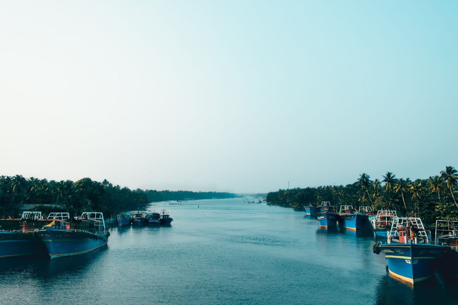 boats and ships on a water body that is surrounded by lush green trees on either sides